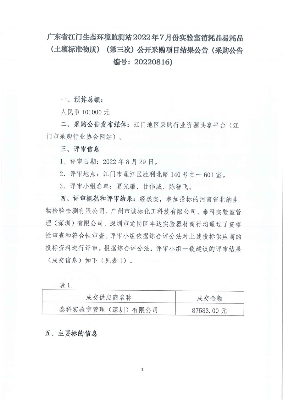 广东省江门生态环境监测站2022年7月份实验室消耗品易耗品（土壤标准物质）（第三次）公开采购项目结果公告（采购公告编号：20220816）