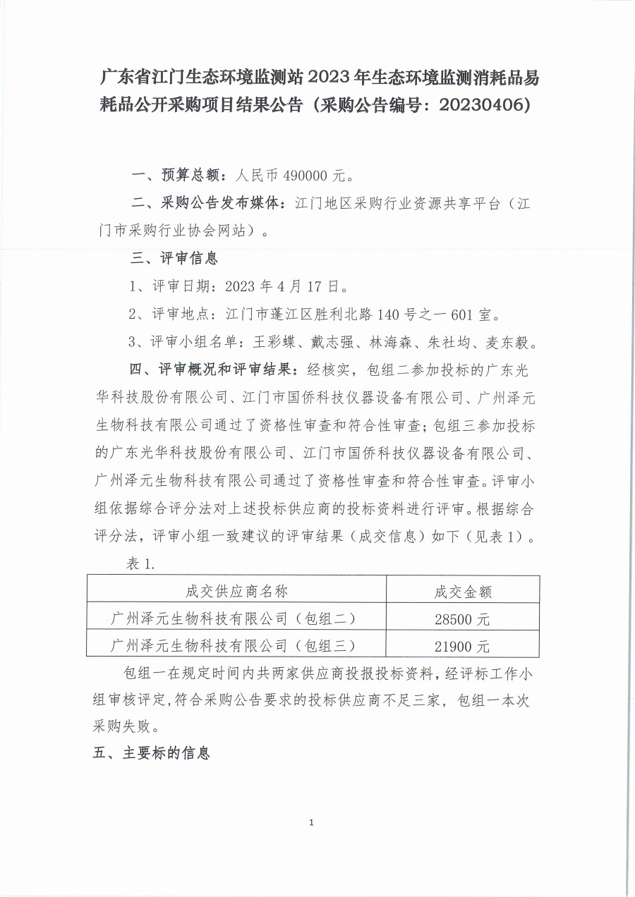 广东省江门生态环境监测站2023年生态环境监测消耗品易耗品公开采购项目结果公告（采购公告编号：20230406）