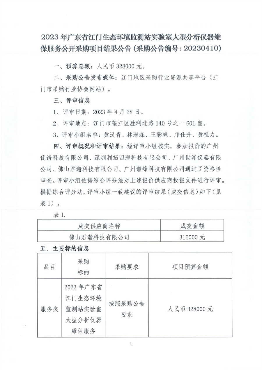 2023年广东省江门生态环境监测站实验室大型分析仪器维保服务公开采购项目结果公告（采购公告编号：20230410）